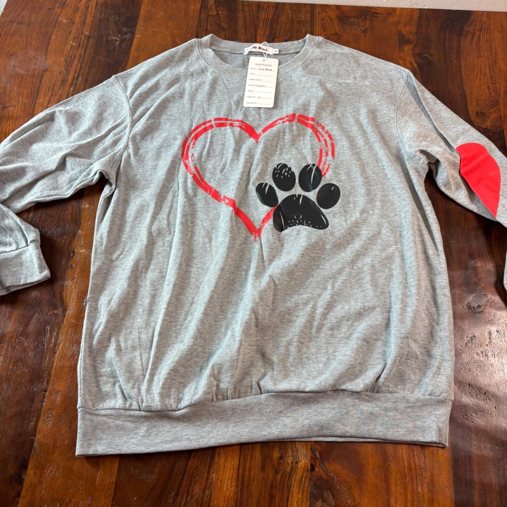 Leo Rosi Womens Heart Paw Print Graphic Long Sleeve Top Heather Gray Medium NEW